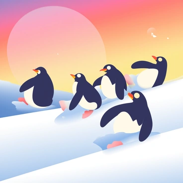 A group of five penguins, each with black and white feathers and distinct shapes, are sliding down a snowy hill. Their bodies are angled, creating a dynamic pose as they glide over the soft, white snow. The snow has a slight shimmer, reflecting the warm hues of the sunset. The sky is filled with vibrant colors, showcasing shades of orange, pink, and purple blending seamlessly. The silhouettes of the penguins stand out against the colorful backdrop, emphasizing their playful movement and the serene beauty of the moment.