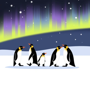 A group of penguins waddling across a smooth, white ice surface. The penguins are diverse in size and posture, some standing upright while others are mid-waddle. Above them stretches a vibrant aurora borealis, displaying a mix of green, purple, and blue hues illuminating the night sky. The icy landscape reflects the colors of the aurora, enhancing the magical atmosphere of the scene. Soft snowflakes gently fall around the penguins, adding to the wintry setting.