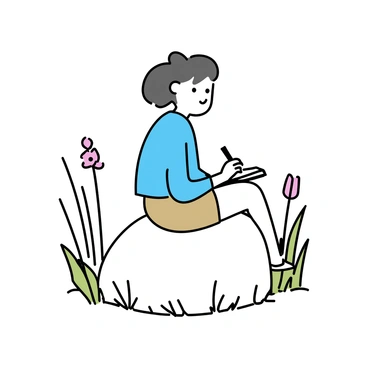 An individual sitting on a large, smooth rock surrounded by green foliage and tall grass. The person is wearing a light blue shirt and brown shorts. They are focused on writing in a small, open journal placed on their lap. The sunlight filters through the leaves, casting gentle shadows on the ground. A few wildflowers bloom nearby, adding subtle color to the scene.