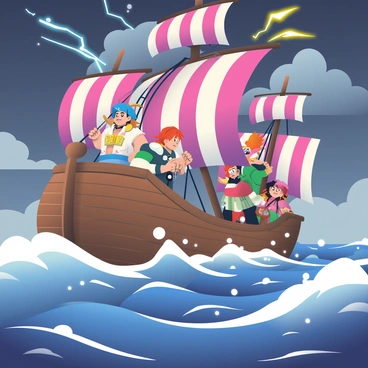 A crew of anime pirates is aboard a fantastical ship navigating through stormy seas. The ship has vibrant sails with intricate designs, catching the wind as large waves crash against its hull. The pirates, a diverse group with colorful hair and unique outfits, are actively working together on deck. One pirate with blue hair is gripping the wheel, his determined expression visible amidst the chaos. Another pirate with fiery red hair is adjusting the sails, while a third pirate with green hair is climbing the rigging. Dark clouds loom above, and flashes of lightning illuminate the scene, emphasizing the thrill of their adventure. The sea is a deep blue, with white frothy waves contrasting against the dark stormy sky.