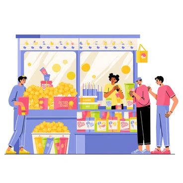 A bustling cinema concession stand filled with a variety of colorful snacks. There is a large popcorn machine with fluffy yellow popcorn spilling out. Several buckets of popcorn are stacked on the counter. Various boxes of candy, such as "chocolate bars" and "gummy bears," are displayed prominently. Tall cups filled with soft drinks, featuring bright straws, are lined up next to the snacks. The stand is busy with moviegoers eagerly selecting their treats. Bright lights illuminate the scene, creating a vibrant atmosphere.