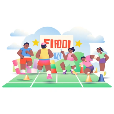 A group of four young kids are participating in a fun track and field day event. Two boys and two girls are gathered on a green grassy field, dressed in colorful athletic outfits. One boy with short curly hair is running energetically towards the finish line, wearing a bright blue jersey and red shorts. The second boy, with a baseball cap and a yellow tank top, is jumping with excitement next to a large cheering banner that says "Track and Field Day!" in bold letters. One girl, with pigtails and a pink dress, is preparing to throw a small javelin, while the other girl, wearing a green sports tank top and purple shorts, is stretching her legs nearby. Colorful cones and banners decorate the field, creating a lively atmosphere. A sunny blue sky with a few fluffy white clouds is overhead.