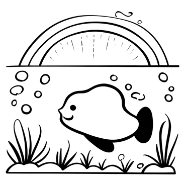A blobfish swimming beneath a "rainbow" created by sunlight refracting through the water. The scene shows the blobfish with its characteristic shape and texture, surrounded by various bubbles rising from the ocean floor. Light rays penetrate the water's surface, creating a pattern of ripples above, while the "rainbow" arches gracefully overhead, reflecting the curvature of the water. The ocean floor is visible with scattered rocks and seaweed.