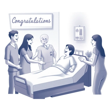 A hospital room with soft, ambient lighting. A patient is sitting up in a bed, smiling widely. The patient is wearing a hospital gown, and there are monitors displaying vital signs in the background. Surrounding the bed, family members are present, including a woman with long dark hair and a man with grey hair, both showing expressions of happiness and relief. The family members are leaning in towards the patient, some holding hands, while one is holding a small bouquet of flowers. A "Congratulations" banner is hung on the wall, adding to the celebratory atmosphere.