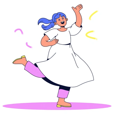 A dancer with flowing hair is performing on a stage. She wears a flowing white dress that billows as she moves. Her arms are extended gracefully, and her feet are in a pointed position, illustrating the elegance of her pose. The stage has a simple wooden floor, and there are soft spotlight beams illuminating the dancer, emphasizing her joyful expression. 