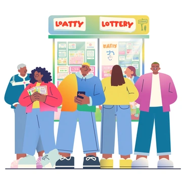 A diverse group of people is standing in line at a kiosk to buy lottery tickets. In the foreground, a woman with curly black hair is holding a colorful lottery ticket in her hands. She is wearing a bright red jacket and jeans. Next to her, a man with a buzz cut and wearing a blue hoodie is looking at his phone. Behind them, an elderly man with gray hair and glasses is chatting with a young woman who has long, straight brown hair and is wearing a yellow sweater. The kiosk is colorful, with advertisements for lottery games prominently displayed. A few people are checking their tickets while others are engaged in conversation, creating a lively atmosphere.