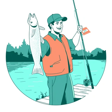 A proud angler is standing on the edge of a serene lake, holding up a large catfish with both hands. The catfish is glistening in the sunlight, showcasing its scales as the angler smiles triumphantly. In the angler’s other hand, there is a small packet of bait, emphasizing the skillful choice made for this catch. The angler is dressed in a bright orange fishing vest, and a teal fishing rod is leaning against the nearby wooden dock.