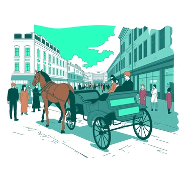 A teal horse-drawn carriage is traversing the busy streets of St. Petersburg, surrounded by pedestrians. The carriage is adorned with intricate details and is pulled by a strong brown horse. People in historical attire are walking along the cobblestone road, some stopping to observe the carriage. The buildings lining the streets showcase elegant architecture with large windows and decorative facades. In the background, a vibrant teal sky is visible above, enhancing the lively atmosphere of the bustling city.