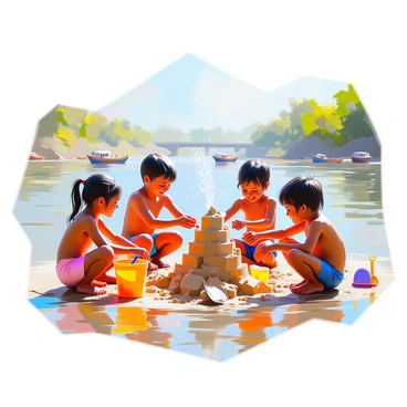 A group of children with various skin tones playing joyfully by the Ganges River. They are building intricate sandcastles with bright buckets and shovels scattered around them. Some children are splashing water at each other, laughter filling the air as droplets catch the sunlight. The river flows gently in the background, with lush greenery lining the banks. In the distance, small boats can be seen floating on the water, adding to the lively atmosphere of the scene.