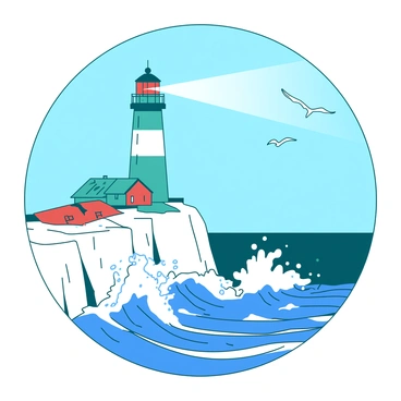 A teal lighthouse stands tall on a rugged white cliff, the structure adorned with a red and white striped pattern. The lighthouse beam is shining brightly, illuminating the darkening sky. Below, powerful blue waves crash against the rocky cliff face, sending splashes of water high into the air. The scene captures the turbulent energy of the ocean and the steadfastness of the lighthouse against nature's force. Small white seagulls can be seen soaring in the sky, adding to the coastal atmosphere.