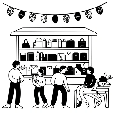 A bustling market stall showcasing handmade leather goods with colorful banners.