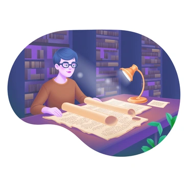 A historian with glasses is sitting at a wooden table in a dimly lit library, studying ancient manuscripts. The historian has short hair and is wearing a brown sweater. Numerous aged books and scrolls are scattered across the table, some partially unrolled to reveal intricate writing. A warm glow from a brass lamp casts soft light on the manuscripts, highlighting their faded pages. In the background, tall shelves filled with old books loom, creating an atmosphere of historical intrigue. Dust motes float in the air, adding to the ambiance of the scene.