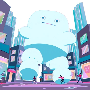 A giant marshmallow creature with a plump, soft body and a smooth surface is towering over a bustling cityscape. Its eyes are wide and playful, contrasting with its imposing size. The creature is stomping down a street, causing buildings to shake slightly with each step. Tiny people are scattered across the scene, running in various directions, their faces showing a mix of fear and amazement. Some are climbing over debris while others are sprinting toward safety. Skyscrapers gleam in the background, and colorful storefronts line the streets, enhancing the chaotic atmosphere of the rampage.
