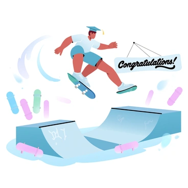 A skateboarder wearing a graduation cap while performing tricks at a skate park