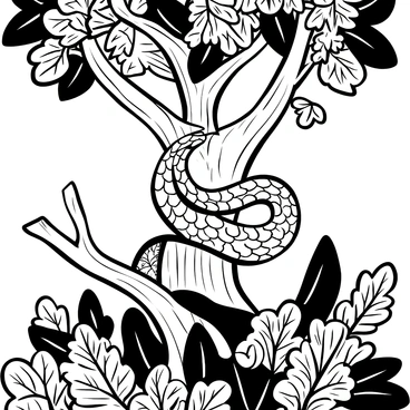 A snake coiled tightly around a sturdy branch, its scales integrated with the intricate patterns of the bark. Surrounding the branch are abundant leaves, creating a dense canopy above. Various plants with large, textured leaves fill the scene, enhancing the snake's camouflage. There are hints of other branches interspersed among the foliage, adding depth to the environment. The entire scene is depicted in black and white, emphasizing the details of the snake and the rich texture of the leaves.