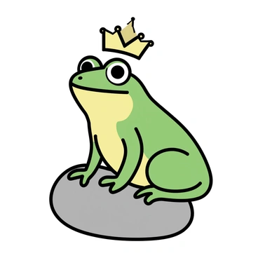 A green bullfrog perched on a smooth gray rock. The bullfrog is wearing a small gold crown that sits slightly askew on its head. The frog's skin glistens with moisture, and its large, bulging eyes are fixed ahead. The background is minimalistic, emphasizing the bullfrog's regal pose and the crown that signifies its royal status.