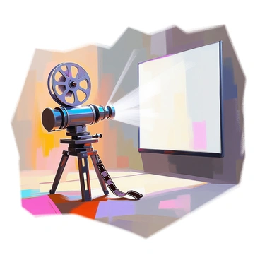 An old-fashioned film projector made of polished metal and wood is positioned at the forefront of the scene. The projector has intricate details, showcasing its vintage design, with reels of film prominently placed on top. Rays of light emanate from the projector, illuminating the space as the film runs through its mechanism. A large, blank screen stands tall in the background, ready to receive the images being cast. The ambiance is filled with a sense of nostalgia, evoking memories of classic cinema. Shadows cast by the projector dance along the surface of the screen, hinting at the stories waiting to be told.
