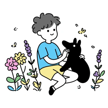 A child with curly brown hair, wearing a light blue t-shirt and beige shorts, is gently petting a niffler. The niffler, with its shiny black fur and a long snout, is sitting comfortably on the child's lap. They are in a sunny garden filled with colorful flowers, including red roses, yellow daisies, and purple lavender. The sunlight casts soft shadows on the ground, and butterflies flutter around, adding to the lively atmosphere of the scene.