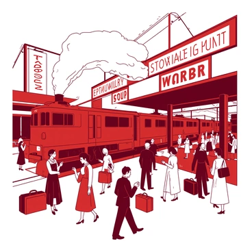 A red train station filled with passengers dressed in various period attire, including elegant dresses and tailored suits. People are engaged in conversations and checking their watches as they navigate through the station. Billowing white steam rises from the platforms, partially obscuring the view of the trains. Large, ornate signs are hanging above, and luggage in vintage style is scattered around. The atmosphere is vibrant, filled with the sounds of announcements and the hustle of travelers.