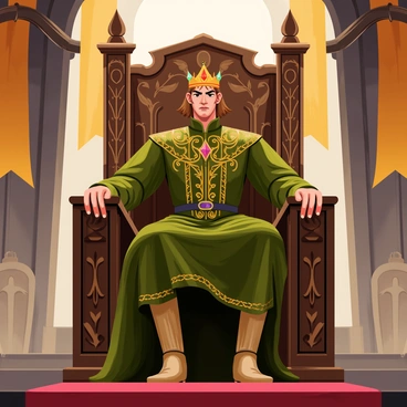 A grand throne made of dark wood, intricately carved with designs of leaves and vines, holds "Aragorn" as he sits majestically. He is wearing an "ornate crown" that glimmers with jewels, reflecting light in vibrant colors. His robes are richly detailed, featuring deep greens and gold embroidery, flowing elegantly around him. The throne is situated in a vast hall adorned with banners and shields, enhancing the regal atmosphere. A soft, warm light illuminates the scene, highlighting Aragorn's determined expression.