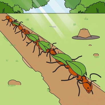 A line of leaf-cutter ants marching along a narrow path. Each ant is carrying a piece of green leaf, tightly grasped in their mandibles. The ants are of varying sizes, showcasing their teamwork as they move in tandem. In the background, there is a small anthill peeking out from the ground, surrounded by patches of dirt and grass. Sunlight filters through the leaves above, casting a dappled pattern on the ground. The scene captures the industrious nature of the ants as they navigate their environment.