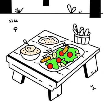 A picnic table set outdoors, surrounded by greenery and trees. On the table, there is a large, beautifully arranged platter filled with various plant-based dishes. The platter includes colorful vegetable skewers, a large salad with leafy greens, cherry tomatoes, and slices of cucumbers, and a bowl of hummus accompanied by an assortment of fresh vegetable sticks. A basket of whole-grain bread is placed nearby. The sun casts gentle shadows across the table, and a few scattered wildflowers are visible around the setting.