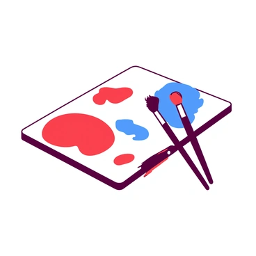 A white painting palette is positioned flat on a light surface. The palette features various blobs of paint in vibrant colors, including red and blue. The colors are blending smoothly into each other, creating a gradient effect where red transitions into blue. Each color is carefully contained within its own area, with soft edges indicating the mixing zones. The palette may have a few paintbrushes resting beside it, some bristles stained with mixed paint, showcasing the artistic process. The overall composition presents a feeling of creativity and artistry.