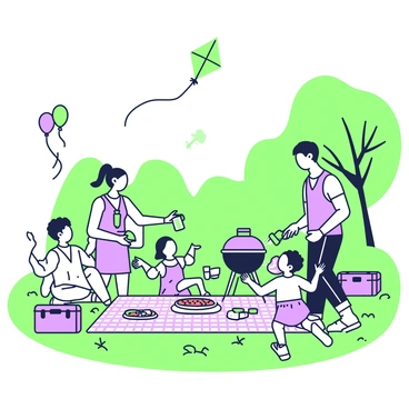 A warm muster of a family gathered for a picnic in a sunny park