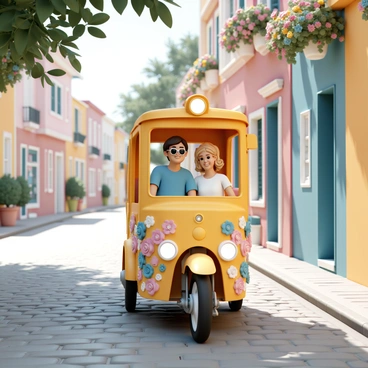 A colorful pedal-powered taxi, decorated with vibrant flowers in various hues, is moving along a charming old-town street. The taxi has a bright yellow frame with floral patterns wrapped around the front and sides. Inside, two happy passengers are sitting comfortably, smiling and enjoying the ride. One passenger has short brown hair, wearing a blue shirt and sunglasses, while the other has curly blonde hair, dressed in a white sundress. The cobblestone street is lined with quaint buildings featuring colorful facades and hanging flower baskets. Sunlight filters through the leaves of nearby trees, casting gentle shadows on the ground.