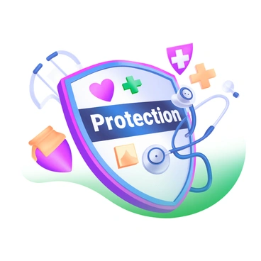 A modern pastel illustration depicting the "thyroid gland" represented as a shield. The shield features the word "Protection" in bold letters across the center. Surrounding the shield are various symbols of health and wellness, including a heart, a stethoscope, and a medical cross. The background has a soft gradient of pastel colors, enhancing the focus on the shield and its protective imagery.