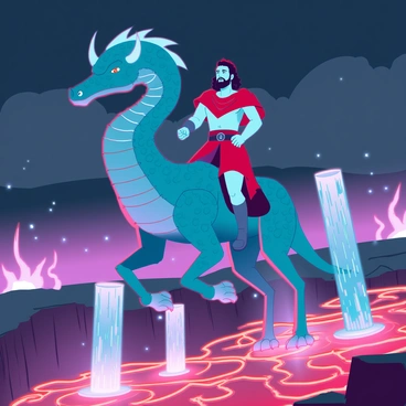 Dante and Virgil are depicted riding on the creature Geryon, a massive figure with the body of a serpent and the face of a man, traversing a molten gulf. The landscape surrounding them is filled with flowing lava and fiery geysers erupting into the air. Dante, wearing medieval attire, looks determined, while Virgil, in a toga, appears calm and wise. The sky is dark and ominous, illuminated by the glow of the molten landscape, casting an eerie light on their faces. Geryon is shown in mid-motion, its scales reflecting the fiery hues of the molten lava beneath.