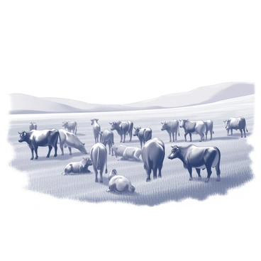 A herd of cattle is scattered across an expansive field. The cattle are various breeds, including some with distinct black and white patterns, others with shades of brown. They are calmly grazing on the tall grass that fills the lush terrain. Some cows are standing, while others are lying down amongst the greenery. In the background, gentle hills rise, providing a sense of depth to the landscape. The sky is clear, allowing for ample sunlight to illuminate the scene.