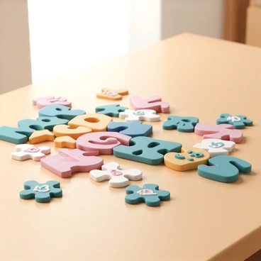 A colorful puzzle with interlocking pieces shaped like letters from various alphabets, including Latin, Cyrillic, Arabic, and Mandarin. The pieces are scattered across a wooden table, showcasing their distinct colors and designs. Some letters are brightly colored while others have patterns or textures. A few pieces are connected, forming the word "Puzzles" as others lie nearby, waiting to fit into the empty spaces. The background features a softly lit room, emphasizing the details in the puzzle pieces.