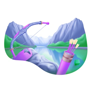 An intricately carved Viking bow is positioned prominently in the foreground, showcasing its detailed engravings and craftsmanship. Next to the bow, a quiver filled with arrows, each with fletching in natural colors, rests against a rocky surface. In the background, a stunning fjord stretches out, with towering cliffs rising majestically on either side and a calm body of water reflecting the mountains. Lush greenery adorns the slopes, contributing to the rugged beauty of the landscape.