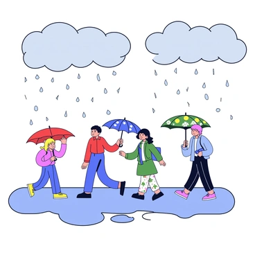 A rainy autumn day is depicted with gray clouds filling the sky. The ground is wet with puddles reflecting the dim light. Several pedestrians are walking along a sidewalk, each using a colorful umbrella. One person carries a bright red umbrella, while another has a blue one with yellow polka dots. A third pedestrian uses a green umbrella with a floral design. The scene captures the falling raindrops, creating a sense of movement and activity amidst the autumn atmosphere.