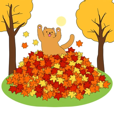 A fluffy orange tabby cat is energetically playing in a large pile of colorful autumn leaves. The leaves are a vibrant mix of reds, yellows, and oranges, creating a bright and cheerful scene. The cat is leaping into the air, paws outstretched, as it buries itself into the leaves. There are a few leaves floating gently around the cat, caught in the breeze. Behind the cat, there are tall trees with golden foliage, and the grass beneath is a rich shade of green, contrasting with the leaves. The sun is shining down, casting a warm glow on the playful scene.
