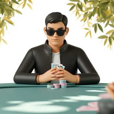 A player sitting at an outdoor poker table, wearing dark sunglasses and a black leather jacket. The player has a focused expression, showcasing a cool poker face as they hold a hand of cards close to their chest. The table is covered with green felt, and poker chips are stacked neatly in front of them. The surrounding area features bright sunlight filtering through the trees, casting dappled shadows on the table.