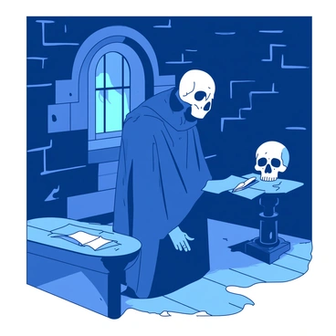 A blue-cloaked figure, representing Hamlet, is standing in a dimly lit castle room. He is holding a white skull in his right hand, gazing thoughtfully at it. The room is filled with stone walls and a small window allowing faint light to filter through, casting shadows on the floor. There is an ornate wooden table nearby, with a few scattered parchment papers and a quill resting on it. Hamlet's expression is serious as he contemplates the skull, immersed in his thoughts.