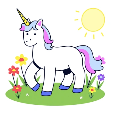 A majestic unicorn with a shimmering white coat stands in a sunlit meadow. The unicorn has a long, spiraled horn that glows softly. The meadow is filled with blooming wildflowers in various colors, including reds, yellows, and purples, stretching across the green grass. Bright rays of sunlight illuminate the scene, casting gentle shadows on the ground.