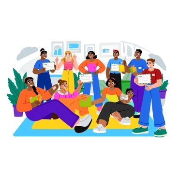 A vibrant group photo featuring happy online classmates gathered together. Each classmate is smiling widely as they hold their "illustration certificates" proudly in front of them. The classmates are of diverse backgrounds, showcasing a mix of ages and styles. They are arranged in a semi-circle, with some standing and others seated on a colorful rug. The setting is bright and cheerful, filled with plants and art supplies in the background. Each certificate has a decorative border, adding a festive touch to the image.