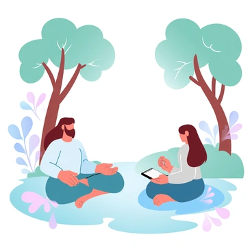 A meditation coach is sitting cross-legged on a soft, mossy surface, surrounded by tall trees with lush green leaves. The coach wears a light, flowing garment that blends harmoniously with the natural environment. In front of the coach, a client is seated on a cushion, attentively listening and taking notes on a notepad. Soft, diffused sunlight filters through the branches, casting gentle patterns on the ground. Various plants and flowers are scattered around, adding vibrant colors to the scene. A small stream can be seen peeking through the foliage in the background, enhancing the calm ambiance of the space.
