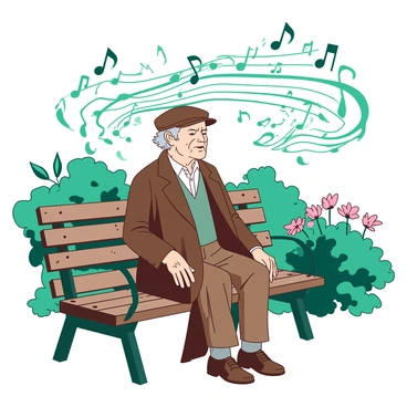 An elderly man with gray hair and a weathered face is sitting on a wooden bench in a park. He is dressed in a brown coat and a flat cap. Around him, vibrant sound waves in shades of teal flow gently through the air, mingling with numerous musical notes in shades of white, swirling playfully around him. The man's eyes are closed as he listens intently, with a peaceful expression on his face, clearly immersed in the symphony of sounds from the world around him. The setting features lush greenery and colorful flowers in the background.