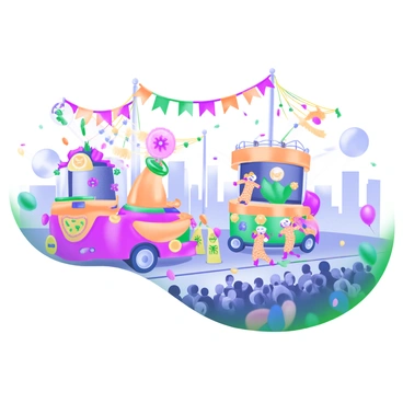 A grand festival parade scene featuring vibrant floats adorned with an array of decorations in bright colors. Each float is unique, showcasing themes such as flowers, music notes, and cultural elements. In front of the floats, performers in elaborate costumes dance energetically, with feathers, sequins, and masks adding to their visual appeal. The crowd watching the parade is filled with excited faces, some holding balloons and banners. Above, colorful banners and streamers flutter in the breeze, creating a lively atmosphere. The ground is lined with confetti and petals, enhancing the festive mood of the event.