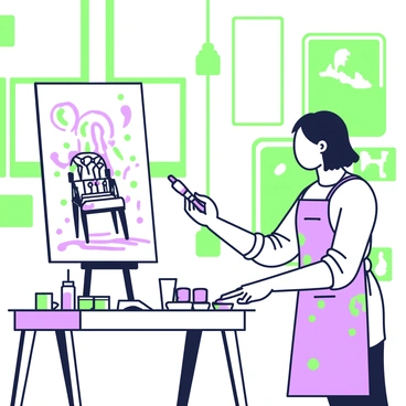 An artist is standing in their studio, focused on a canvas that features a reinterpretation of an electric chair. The artist has shoulder-length hair and is wearing a paint-stained apron over casual clothing. The electric chair is depicted in the center of the canvas, with intricate details showcasing its structure. Surrounding the chair are various paint tubes and brushes scattered across a wooden table. Light from a large window illuminates the room, casting shadows on the walls adorned with other artworks. The artist is holding a paintbrush in their right hand, adding vivid colors to the canvas, while their palette rests on the table.