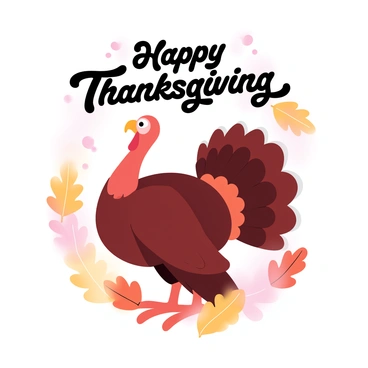 A Thanksgiving card features a large turkey with vibrant feathers, prominently displayed at the center. Surrounding the turkey are scattered autumn leaves in shades of orange, yellow, and red, creating a warm and inviting atmosphere. The backdrop of the card showcases a soft gradient of pastel colors that enhance the festive theme. At the top of the card, the words "Happy Thanksgiving" are elegantly written in a decorative font.