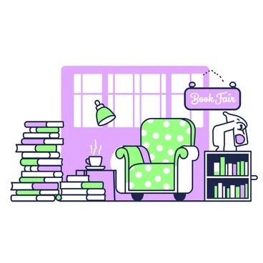 A vintage book fair affiche featuring stacks of books in various sizes and colors. To the left, there are several organized piles of books with colorful spines showcasing titles. In the center, there is a cozy reading nook with a comfortable chair draped in a patterned throw, alongside a small table holding a steaming cup of tea. A lamp with a decorative shade is positioned beside the chair, illuminating the nook. To the right, a small bookshelf filled with books is displayed, along with a sign that reads "Book Fair" in an elegant font.