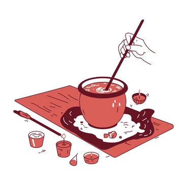 A hand with well-defined fingers is carefully dipping a long wick into a pot of molten wax. The wax is bubbling slightly, with light reflections creating a shimmering effect on its surface. The hand is poised at an angle, showcasing the delicate action of submerging the wick, which is coated in a layer of glistening wax. Surrounding the pot, there are various handmade candles in different shapes and sizes, some partially formed and still awaiting their final touch. In the background, there is a wooden table, giving a rustic feel to the scene.