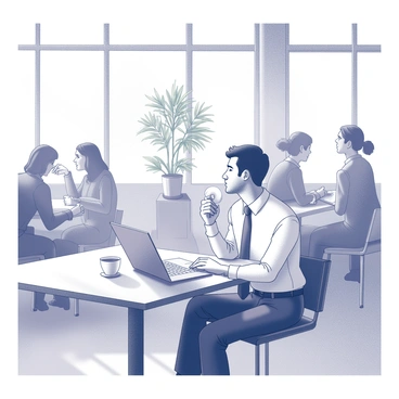 A busy office worker is sitting at a wooden table in a bright café. The worker is wearing formal attire, consisting of a white shirt and dark trousers. In one hand, the worker is holding a steaming cup of coffee, while the other hand is resting on the table, next to a closed laptop. Sunlight streams in through large windows, casting shadows and highlighting the worker's relaxed expression. Surrounding the worker, various patrons are engaged in conversations, and there are several potted plants positioned around the café. The atmosphere is lively and vibrant, with light reflecting off the surfaces and creating a welcoming environment.