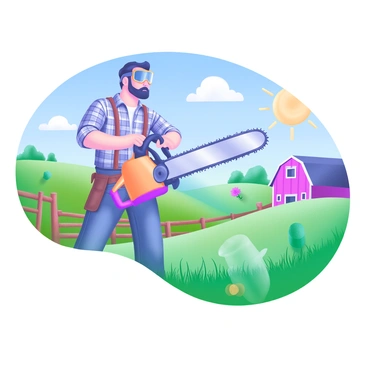 A farmer stands on a sunny farm, using a chainsaw to clear brush. He is wearing a plaid shirt, sturdy jeans, and protective goggles. The background features a bright blue sky and a few fluffy clouds. Green fields stretch out behind him, dotted with patches of tall grass and wildflowers. Nearby, there are rustic wooden fences and a red barn, adding to the farm atmosphere. Sunlight reflects off the chainsaw, emphasizing its metallic surface.