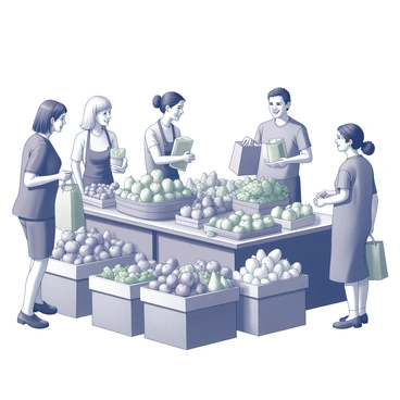 A local farm market is filled with various stalls displaying an abundance of fresh produce. Stacks of ripe fruits such as apples, pears, and bananas are arranged neatly in baskets. Nearby, vibrant green vegetables like lettuce, carrots, and tomatoes are presented in an organized manner. Shoppers, with smiling faces, are interacting with vendors, some holding bags filled with their purchases. The scene captures a lively atmosphere of community engagement, with people chatting and enjoying the market experience.